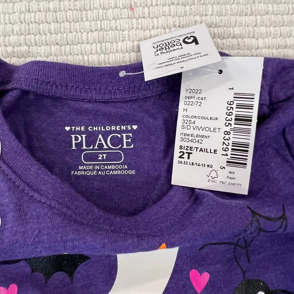 NWT Children's Place Girls Purple Glow Halloween Doodle Graphic Tee